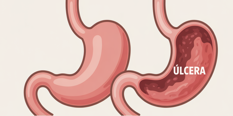 Dor abdominal intensa e azia frequente podem indicar a presença de uma úlcera estomacal. / Ilustração Cortesia Editorial Ideia